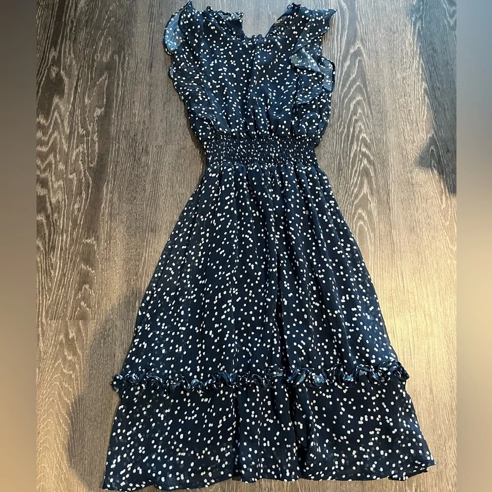 Aqua | Girl’s Flutter Dot Print Midi Dress | Blue/White | M
